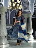 Noe Velarro Blue Printed Anarkali Muslin Shoulder Stripe Kurta Trouser with Dupatta Set