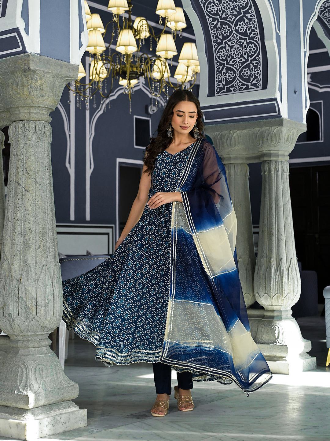 Noe Velarro Blue Printed Anarkali Muslin Shoulder Stripe Kurta Trouser with Dupatta Set