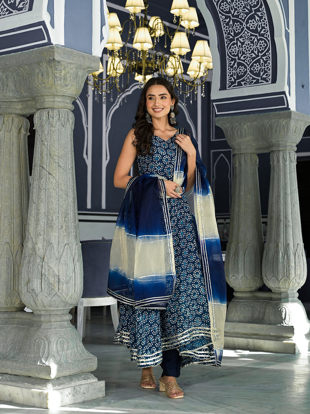 Noe Velarro Blue Printed Anarkali Muslin Shoulder Stripe Kurta Trouser with Dupatta Set