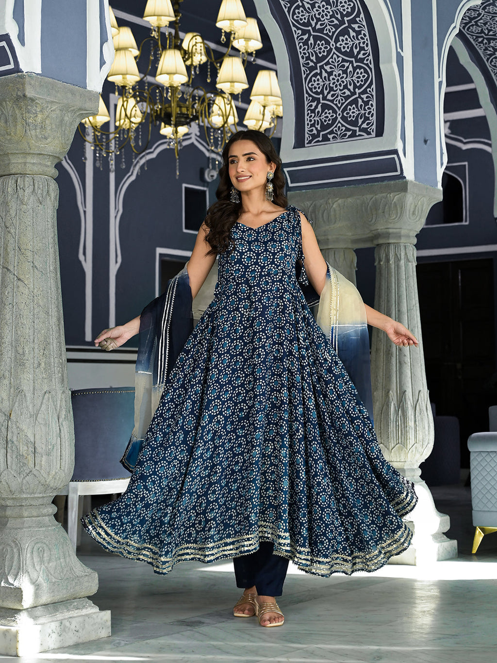 Noe Velarro Blue Printed Anarkali Muslin Shoulder Stripe Kurta Trouser with Dupatta Set