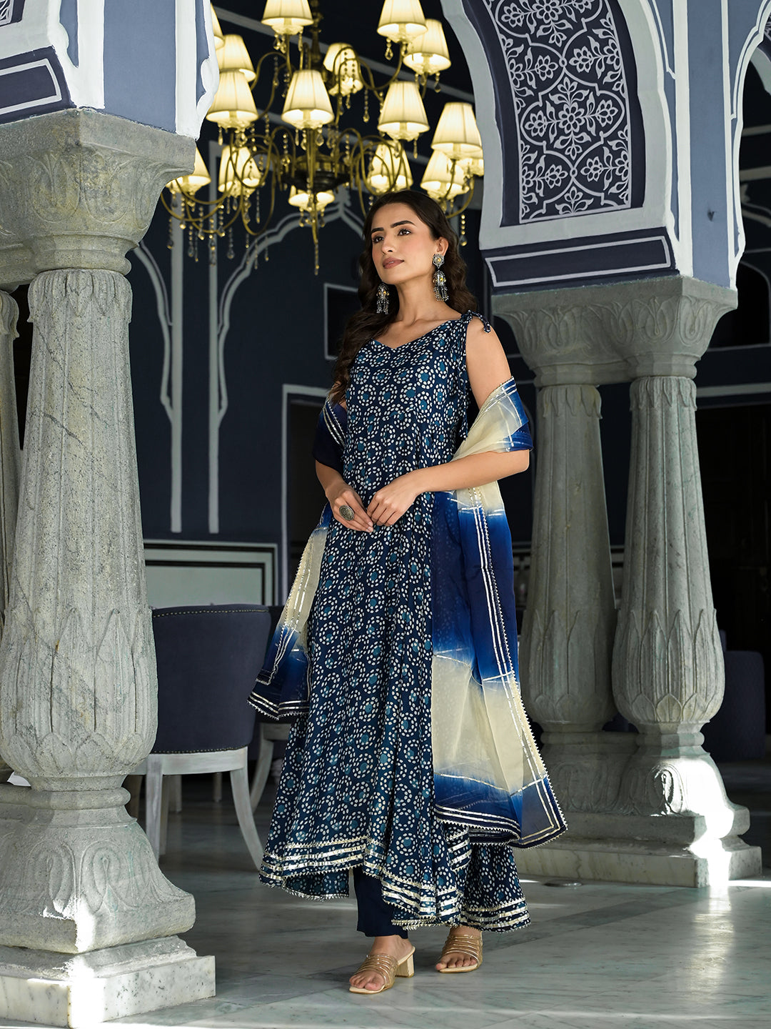 Noe Velarro Blue Printed Anarkali Muslin Shoulder Stripe Kurta Trouser with Dupatta Set