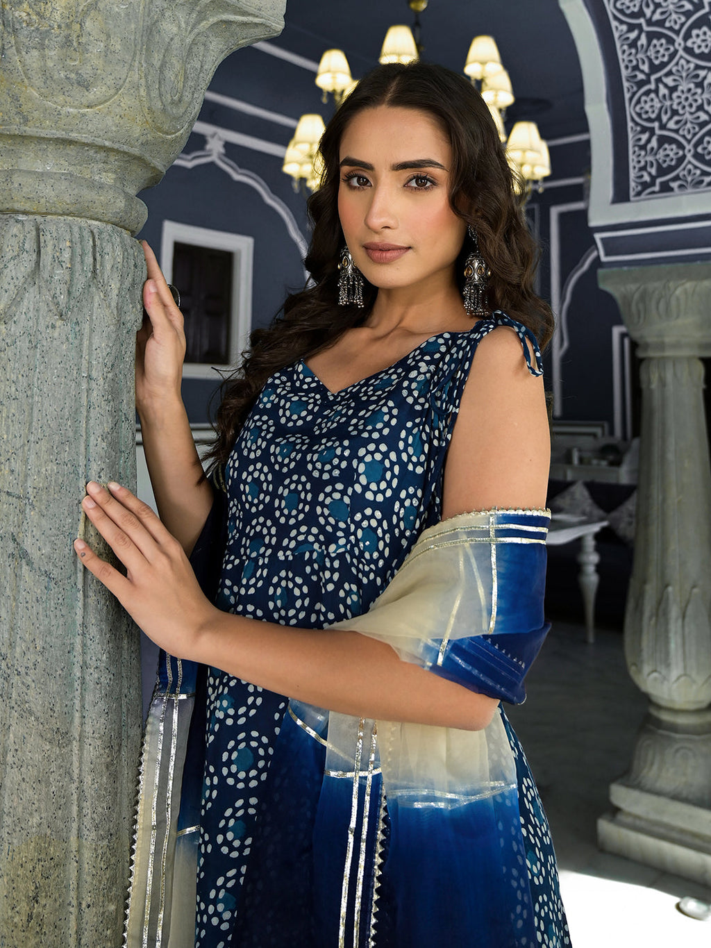 Noe Velarro Blue Printed Anarkali Muslin Shoulder Stripe Kurta Trouser with Dupatta Set