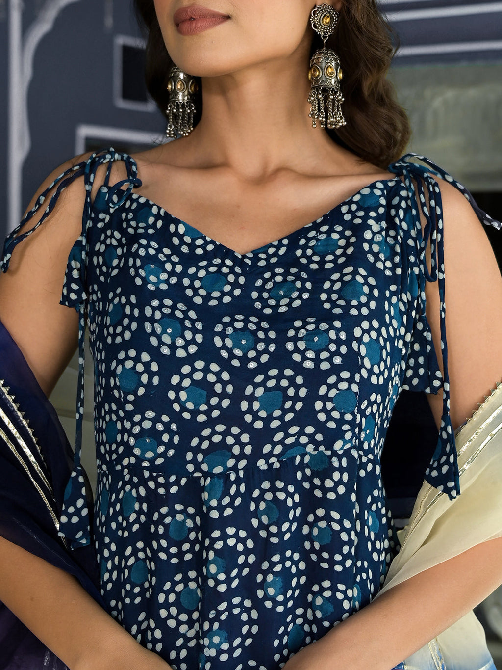 Noe Velarro Blue Printed Anarkali Muslin Shoulder Stripe Kurta Trouser with Dupatta Set
