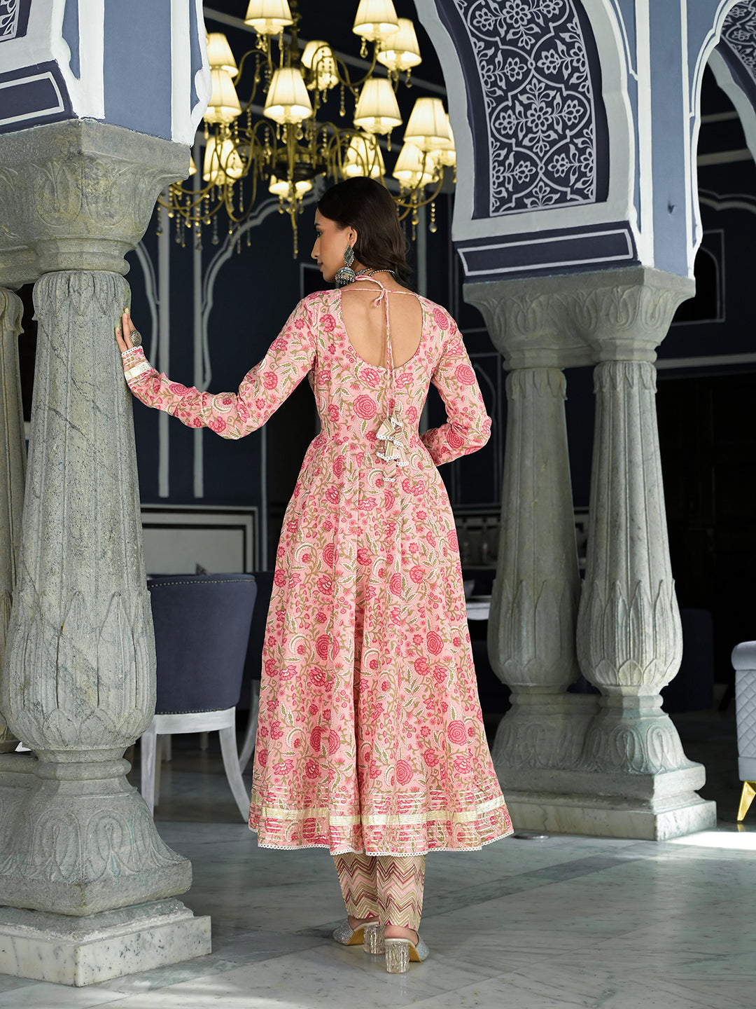 Noe Velarro Pink Floral Printed Anarkali Kurta Trouser with Dupatta Set