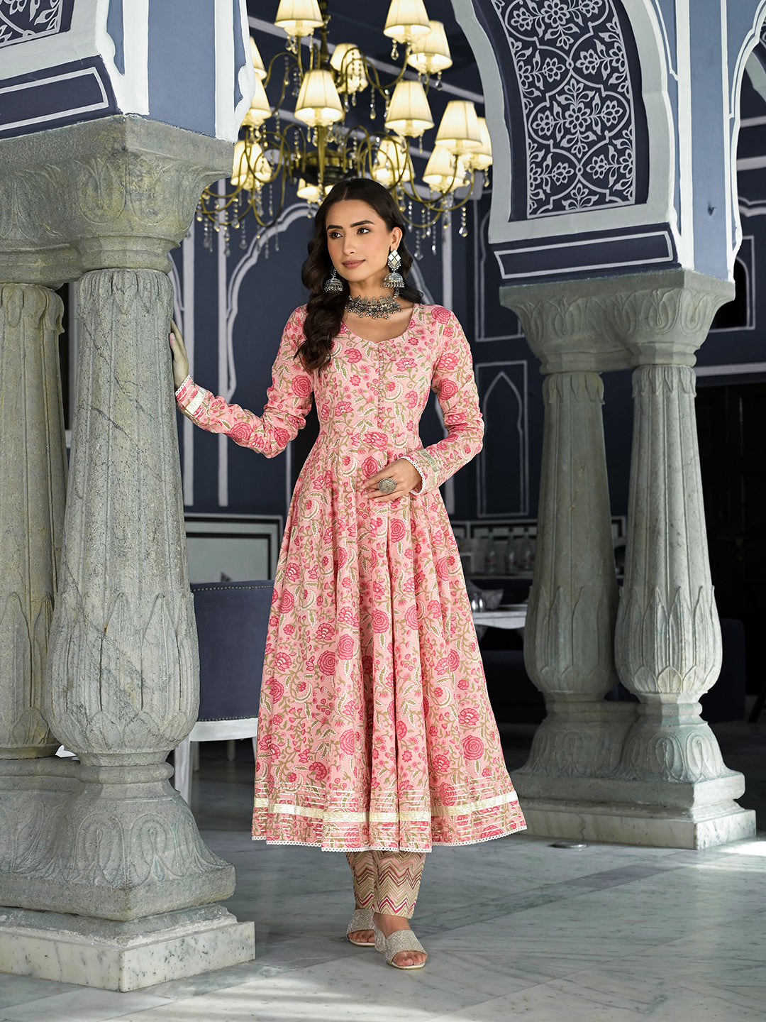 Noe Velarro Pink Floral Printed Anarkali Kurta Trouser with Dupatta Set