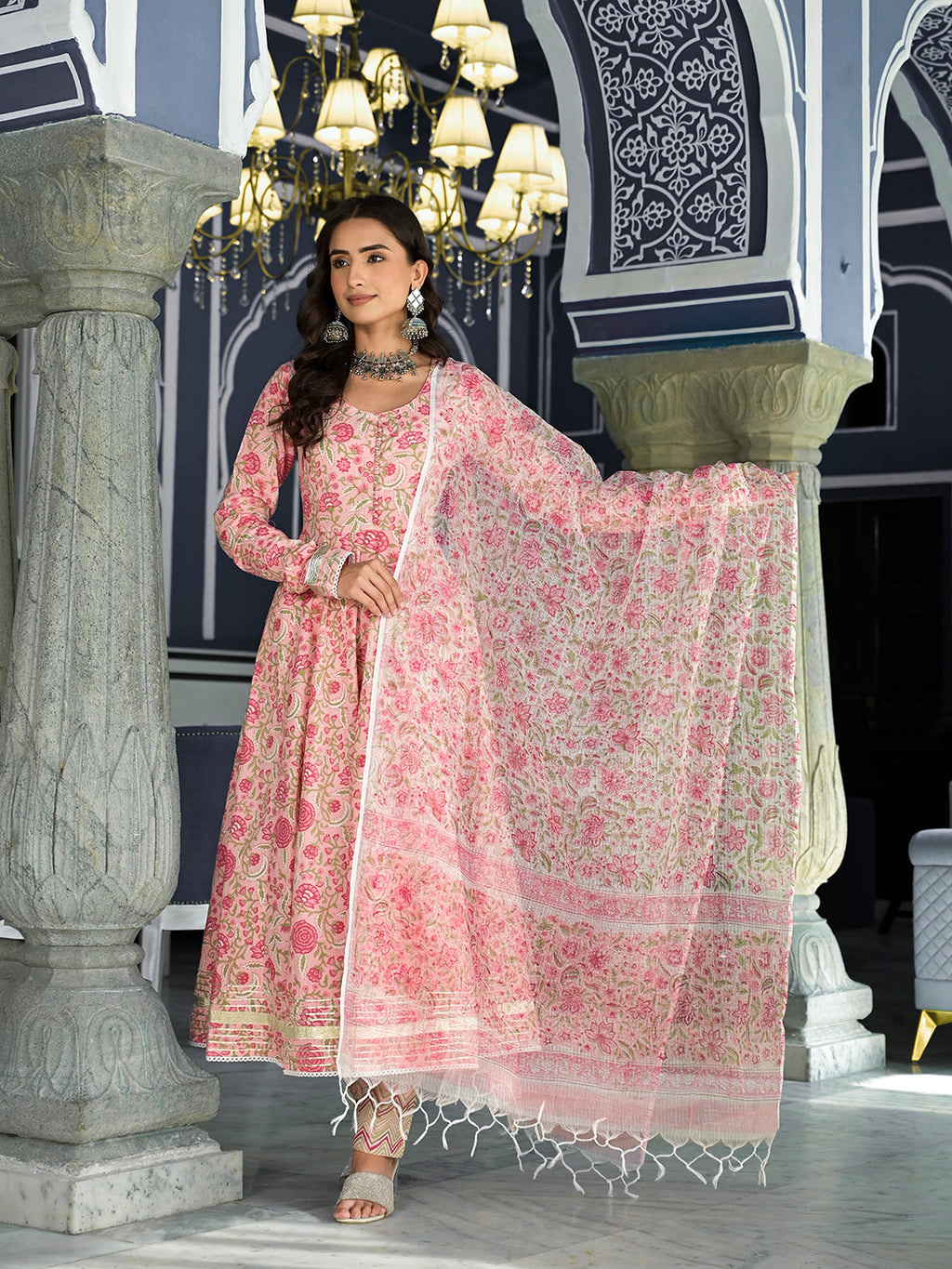 Noe Velarro Pink Floral Printed Anarkali Kurta Trouser with Dupatta Set