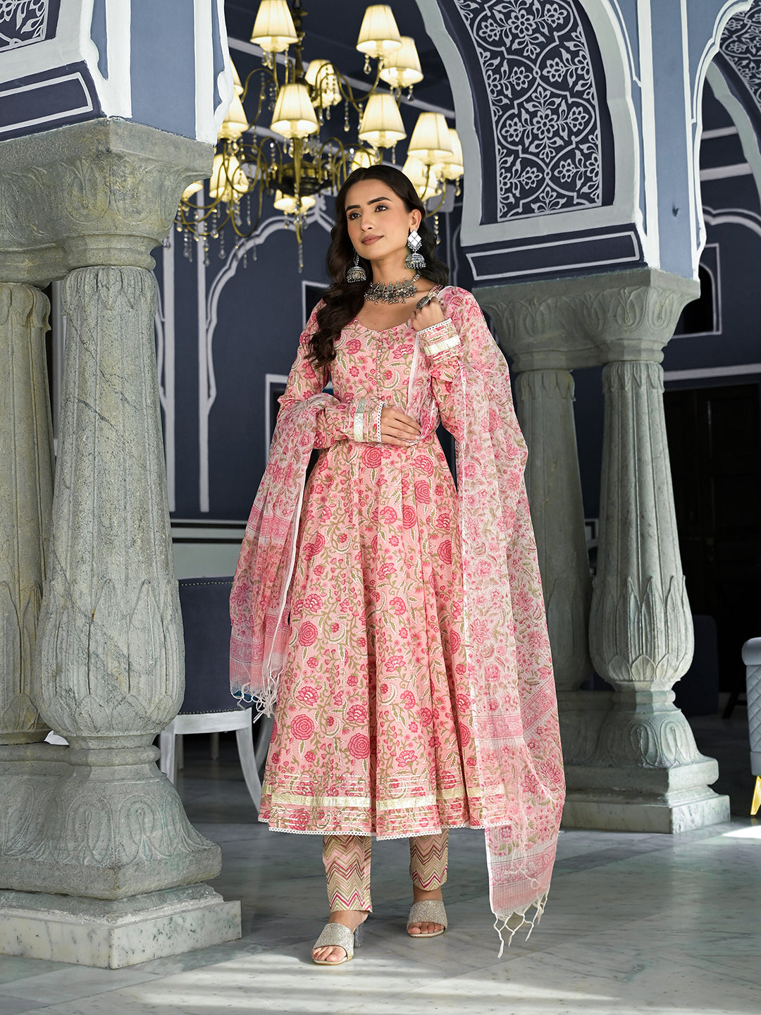 Noe Velarro Pink Floral Printed Anarkali Kurta Trouser with Dupatta Set