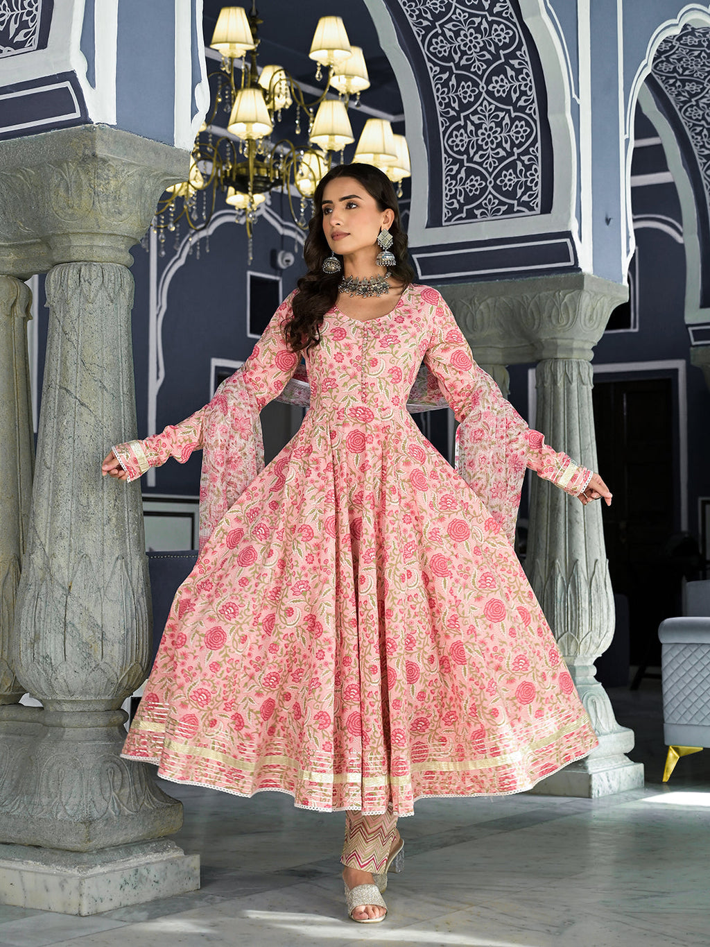 Noe Velarro Pink Floral Printed Anarkali Kurta Trouser with Dupatta Set