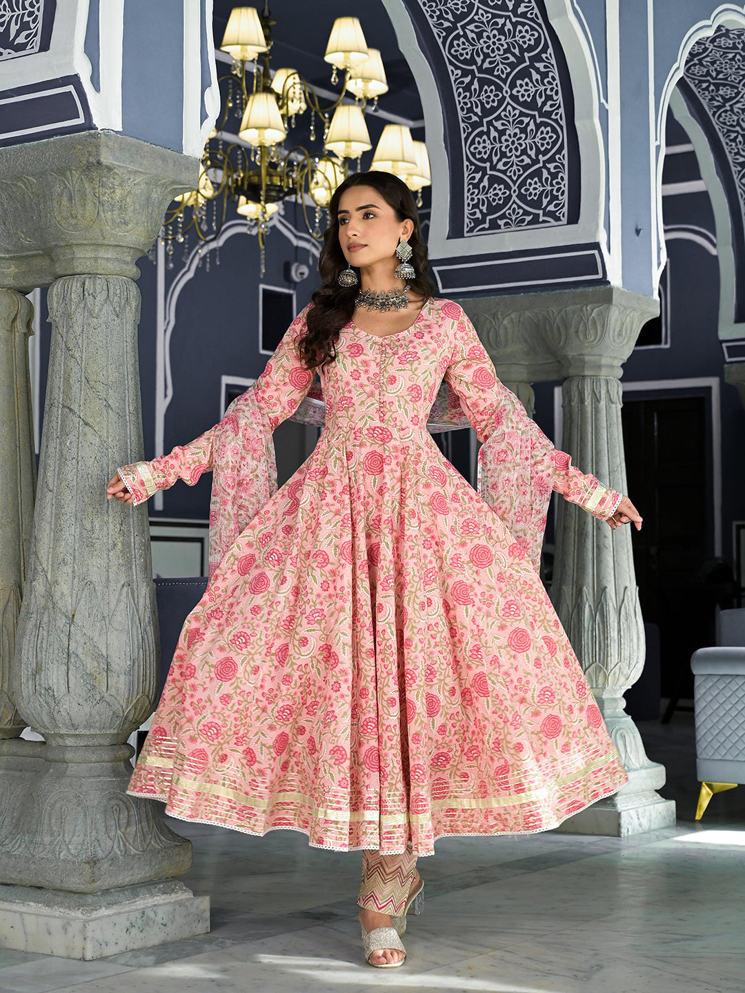Noe Velarro Pink Floral Printed Anarkali Kurta Trouser with Dupatta Set