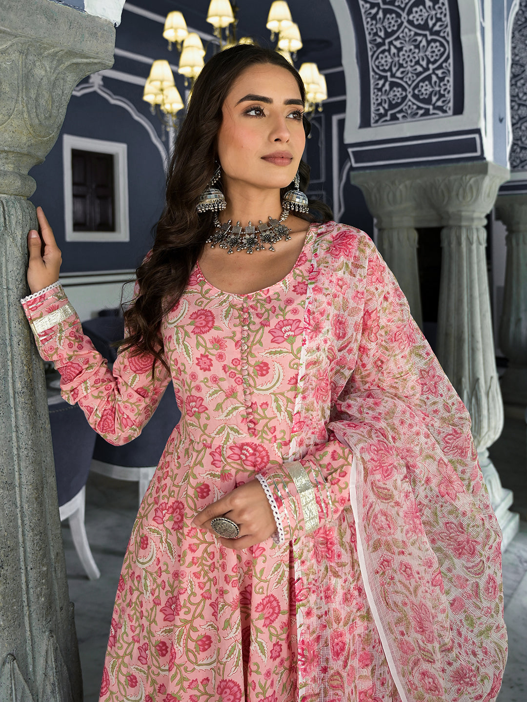 Noe Velarro Pink Floral Printed Anarkali Kurta Trouser with Dupatta Set