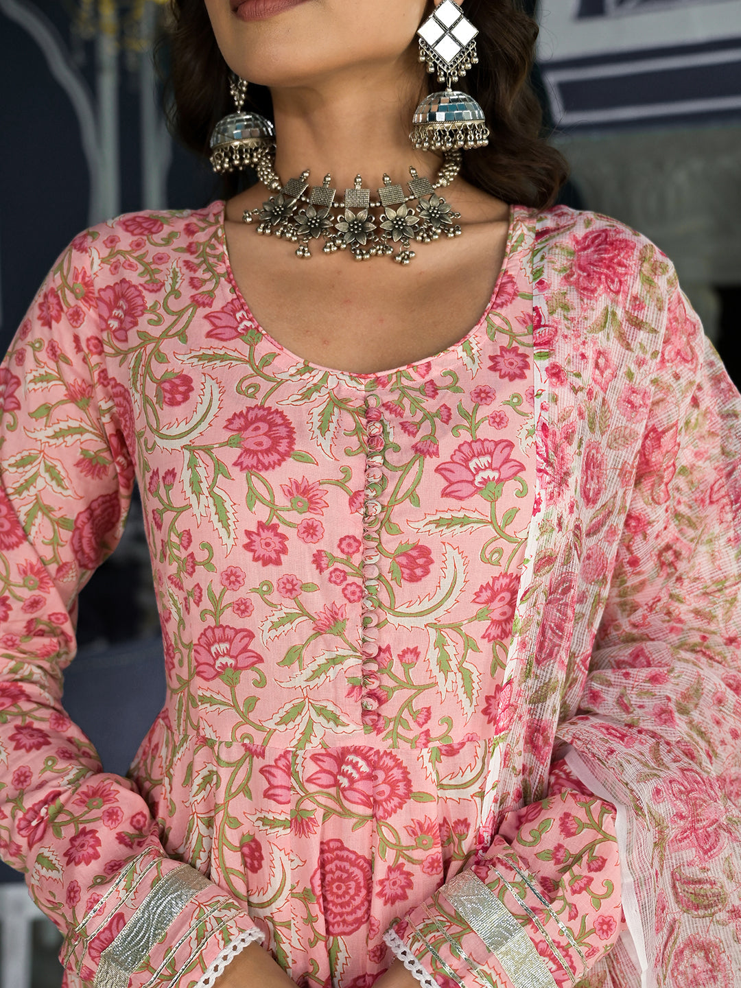 Noe Velarro Pink Floral Printed Anarkali Kurta Trouser with Dupatta Set