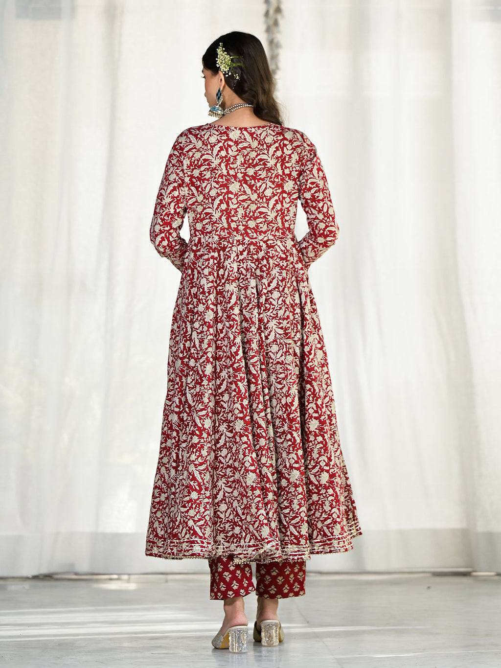 Noe Velarro Maroon Floral Printed Anarkali Cotton Kurta Trouser with Dupatta Set