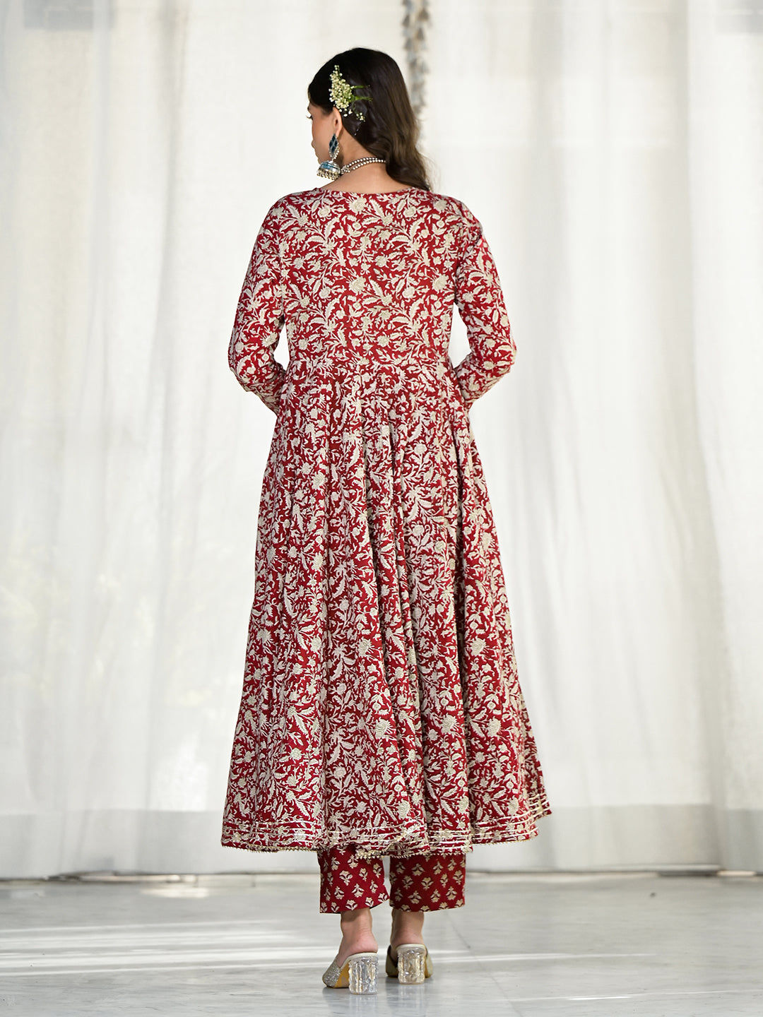 Noe Velarro Maroon Floral Printed Anarkali Cotton Kurta Trouser with Dupatta Set