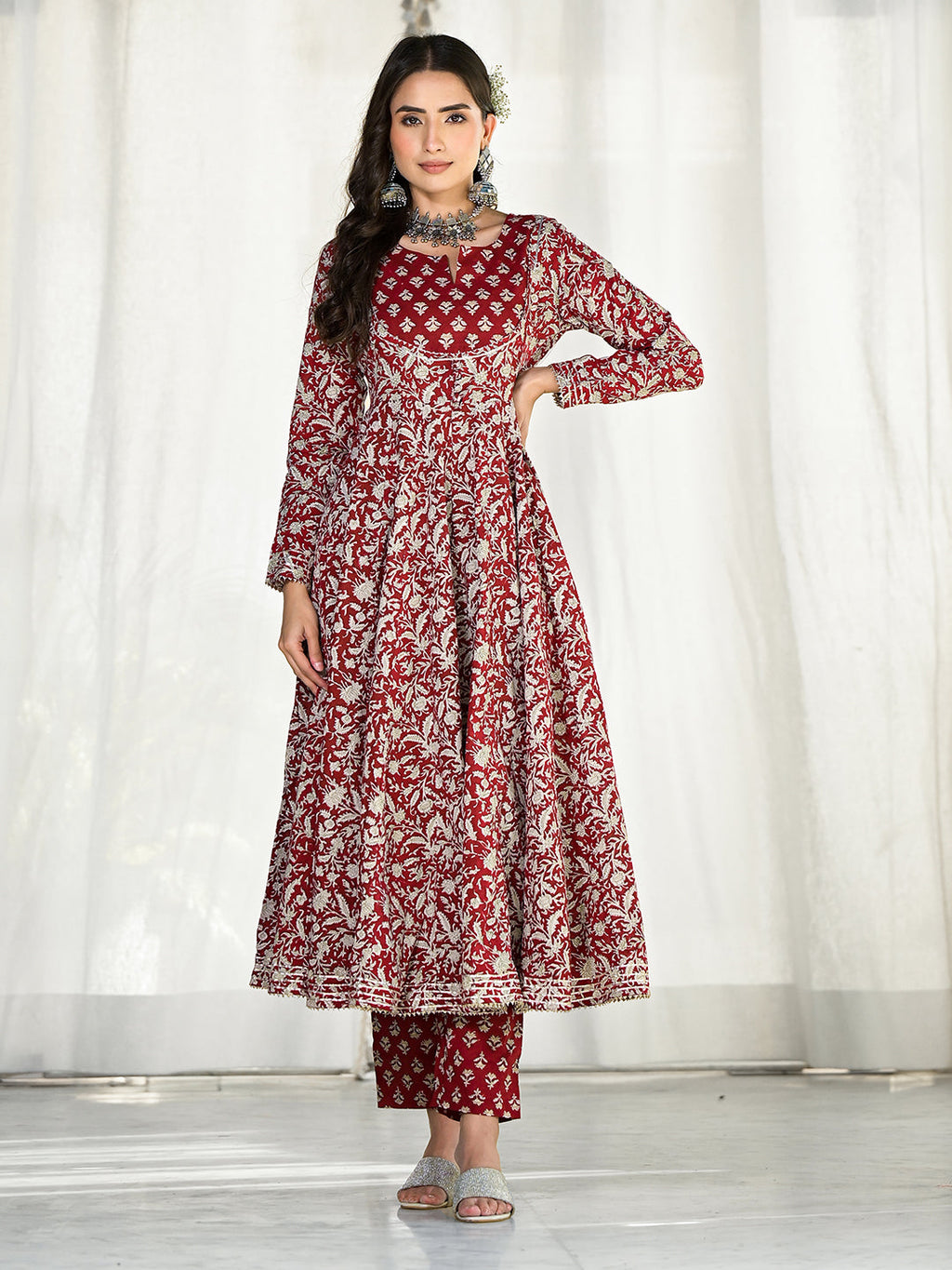 Noe Velarro Maroon Floral Printed Anarkali Cotton Kurta Trouser with Dupatta Set