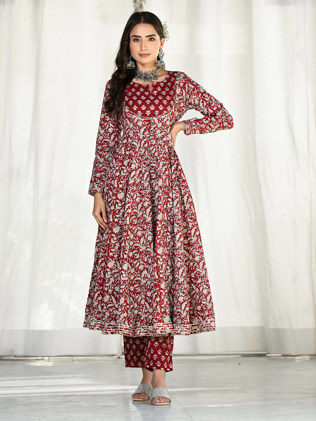 Noe Velarro Maroon Floral Printed Anarkali Cotton Kurta Trouser with Dupatta Set