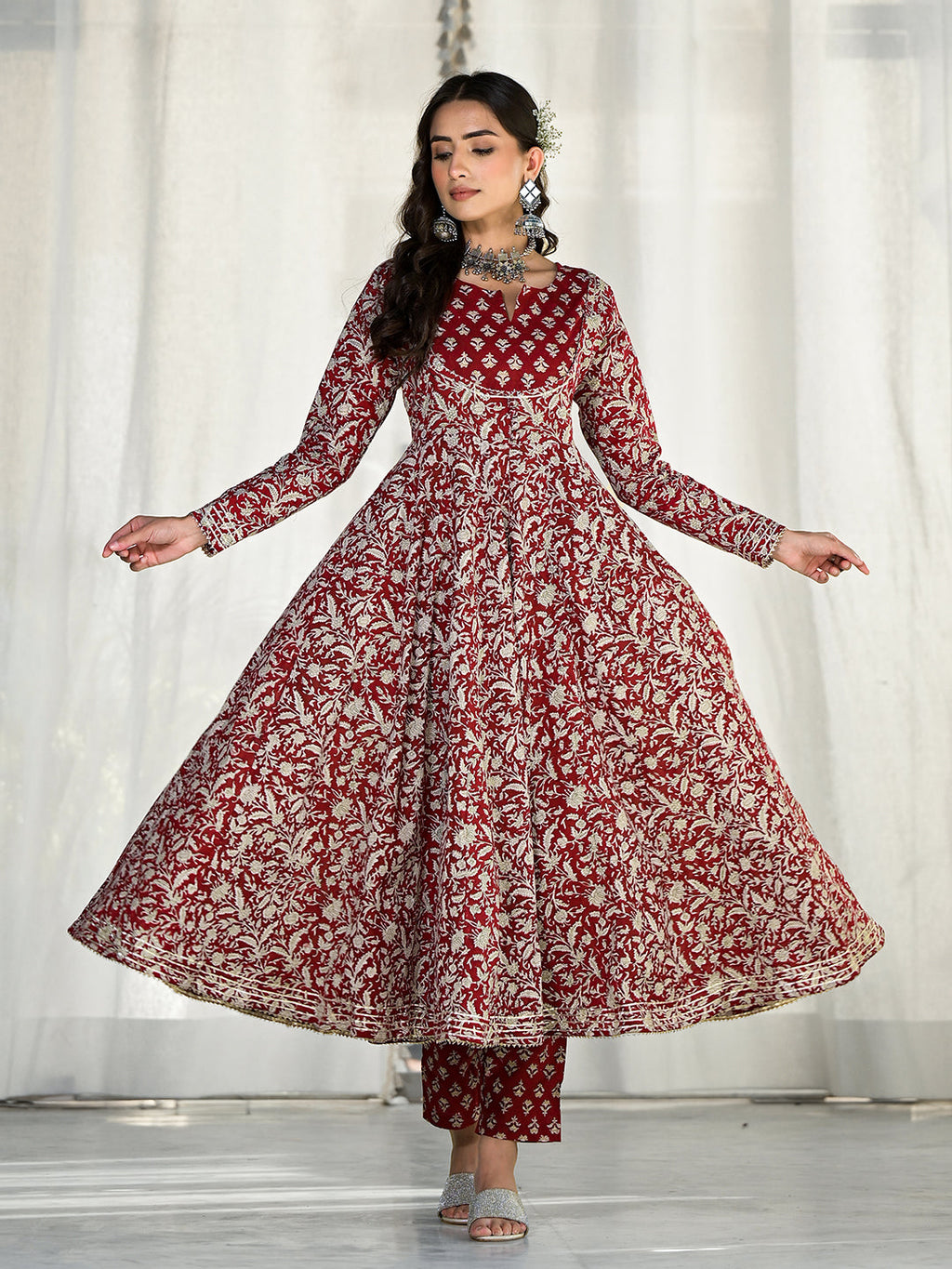 Noe Velarro Maroon Floral Printed Anarkali Cotton Kurta Trouser with Dupatta Set