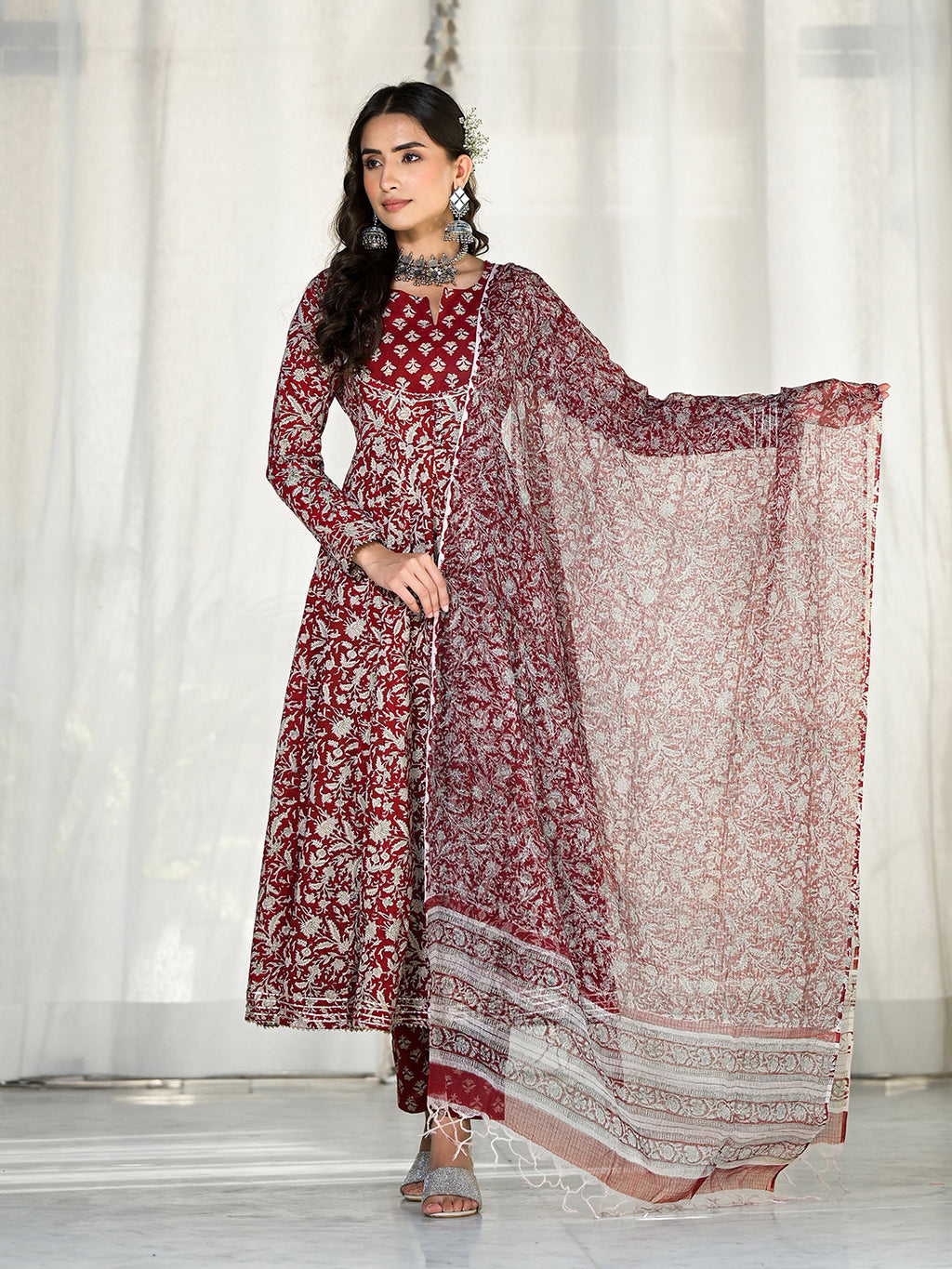 Noe Velarro Maroon Floral Printed Anarkali Cotton Kurta Trouser with Dupatta Set