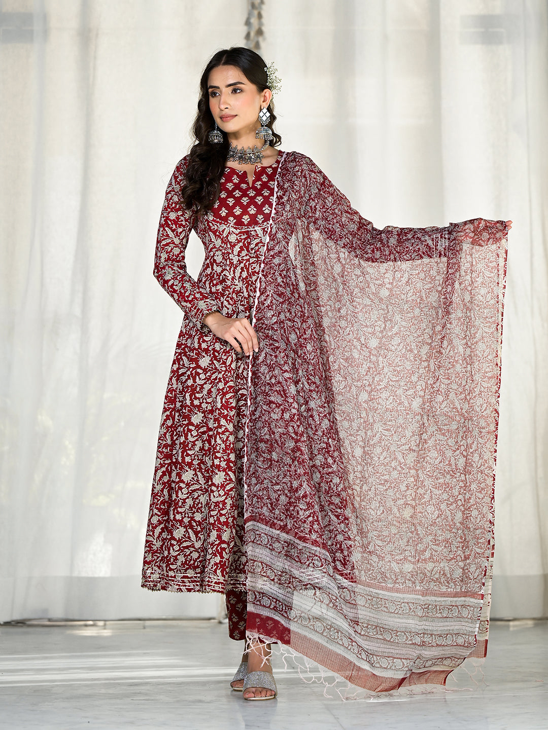 Noe Velarro Maroon Floral Printed Anarkali Cotton Kurta Trouser with Dupatta Set
