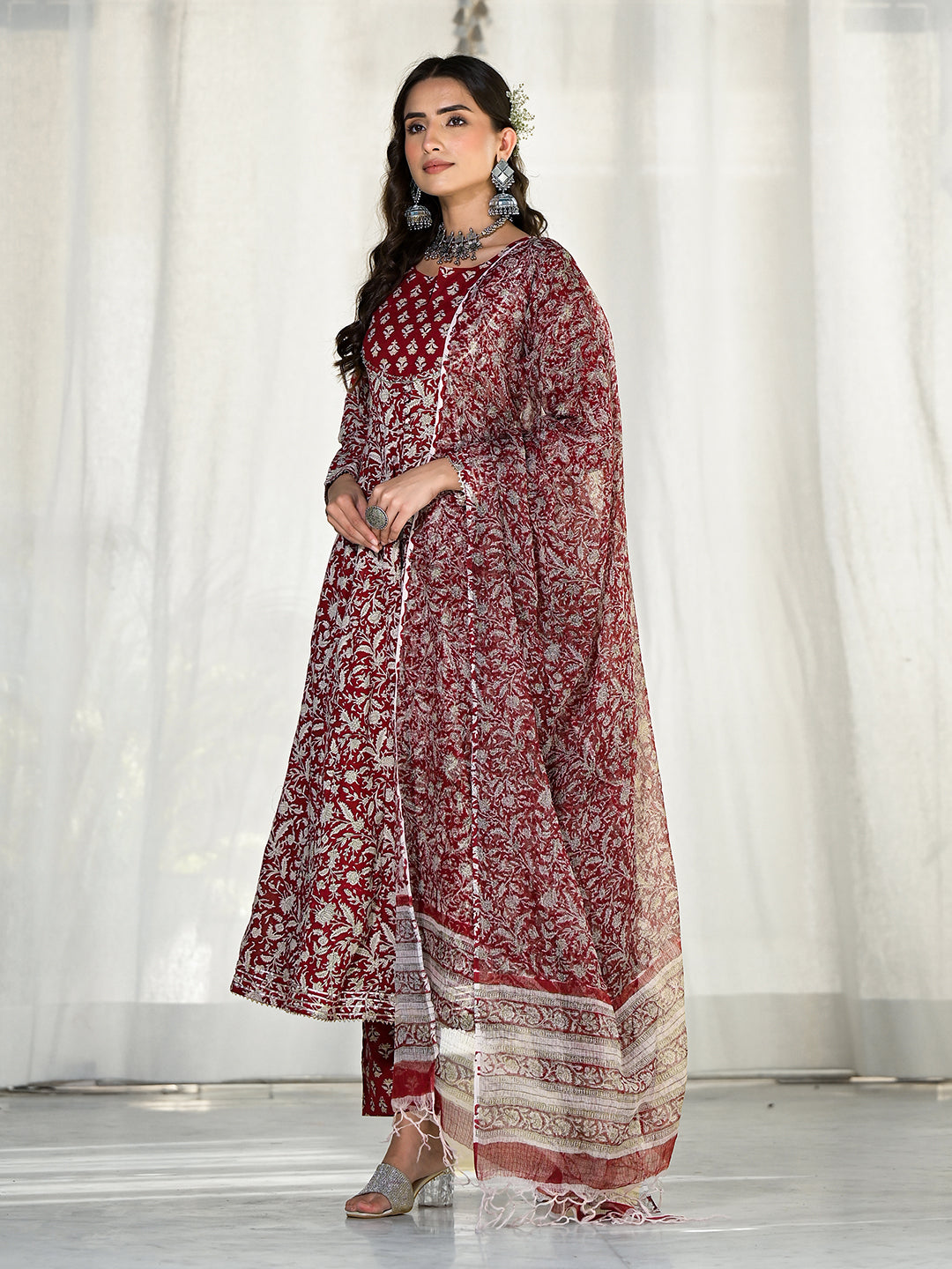 Noe Velarro Maroon Floral Printed Anarkali Cotton Kurta Trouser with Dupatta Set