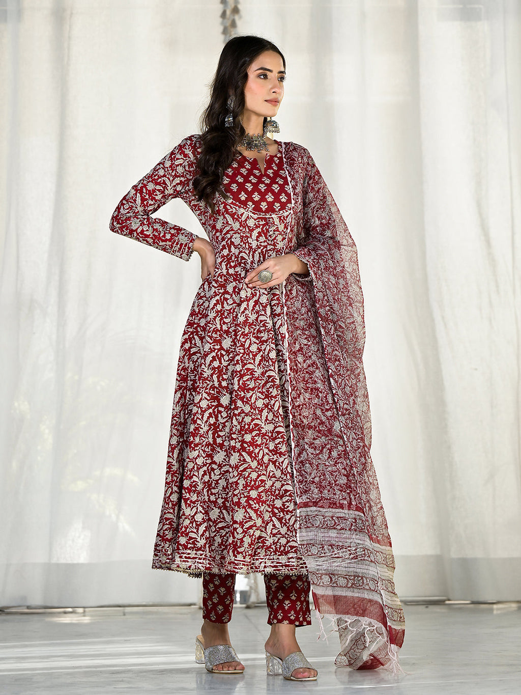 Noe Velarro Maroon Floral Printed Anarkali Cotton Kurta Trouser with Dupatta Set