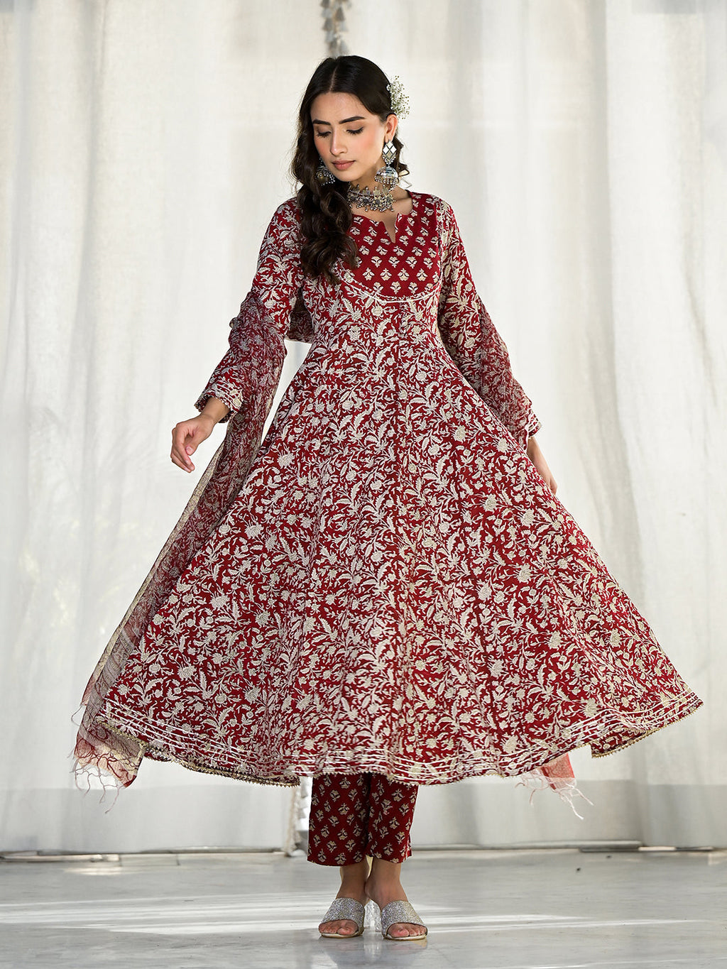 Noe Velarro Maroon Floral Printed Anarkali Cotton Kurta Trouser with Dupatta Set