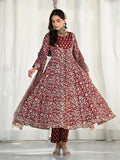 Noe Velarro Maroon Floral Printed Anarkali Cotton Kurta Trouser with Dupatta Set