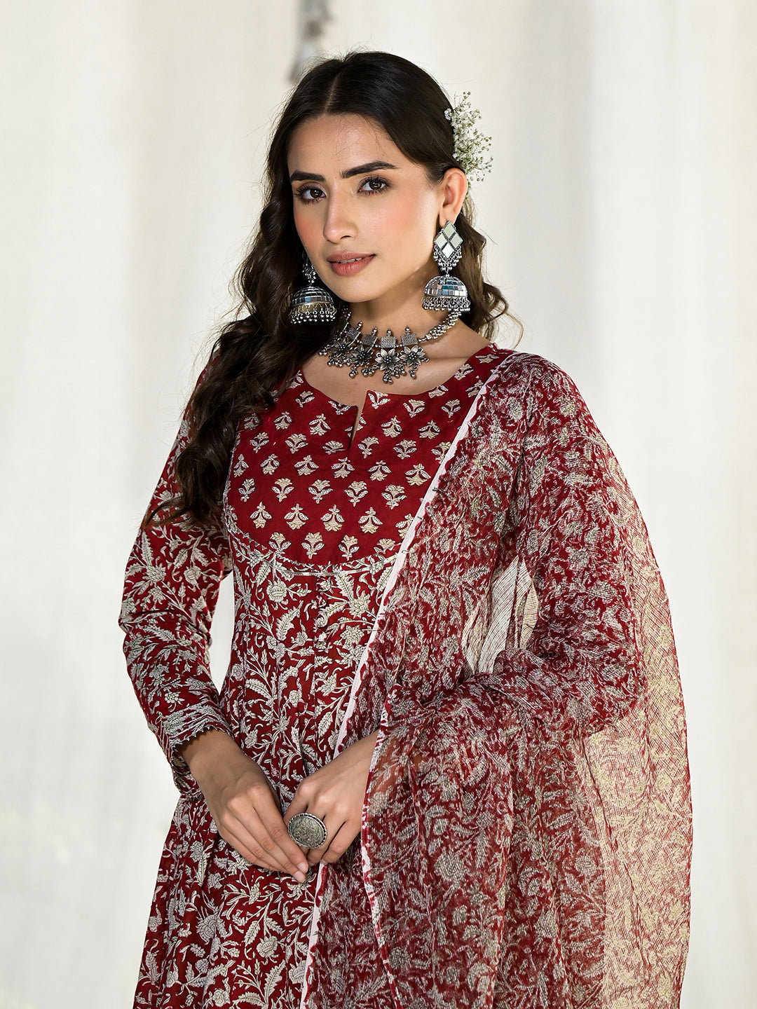 Noe Velarro Maroon Floral Printed Anarkali Cotton Kurta Trouser with Dupatta Set