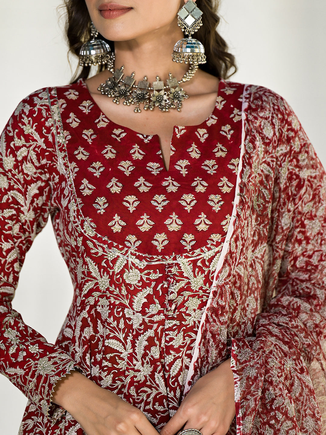 Noe Velarro Maroon Floral Printed Anarkali Cotton Kurta Trouser with Dupatta Set