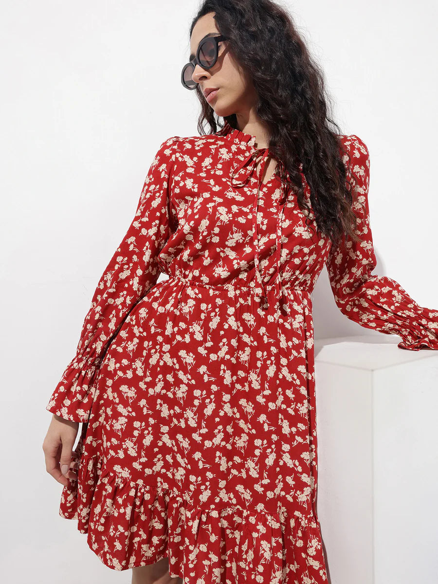 Noe Velarro Maroon Round Neck Floral Print Rayon Midi Dress