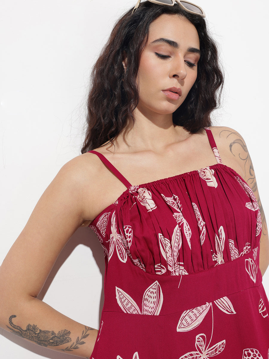 Noe Velarro Maroon Shoulder Strapes Fit & Flared Rayon Dress