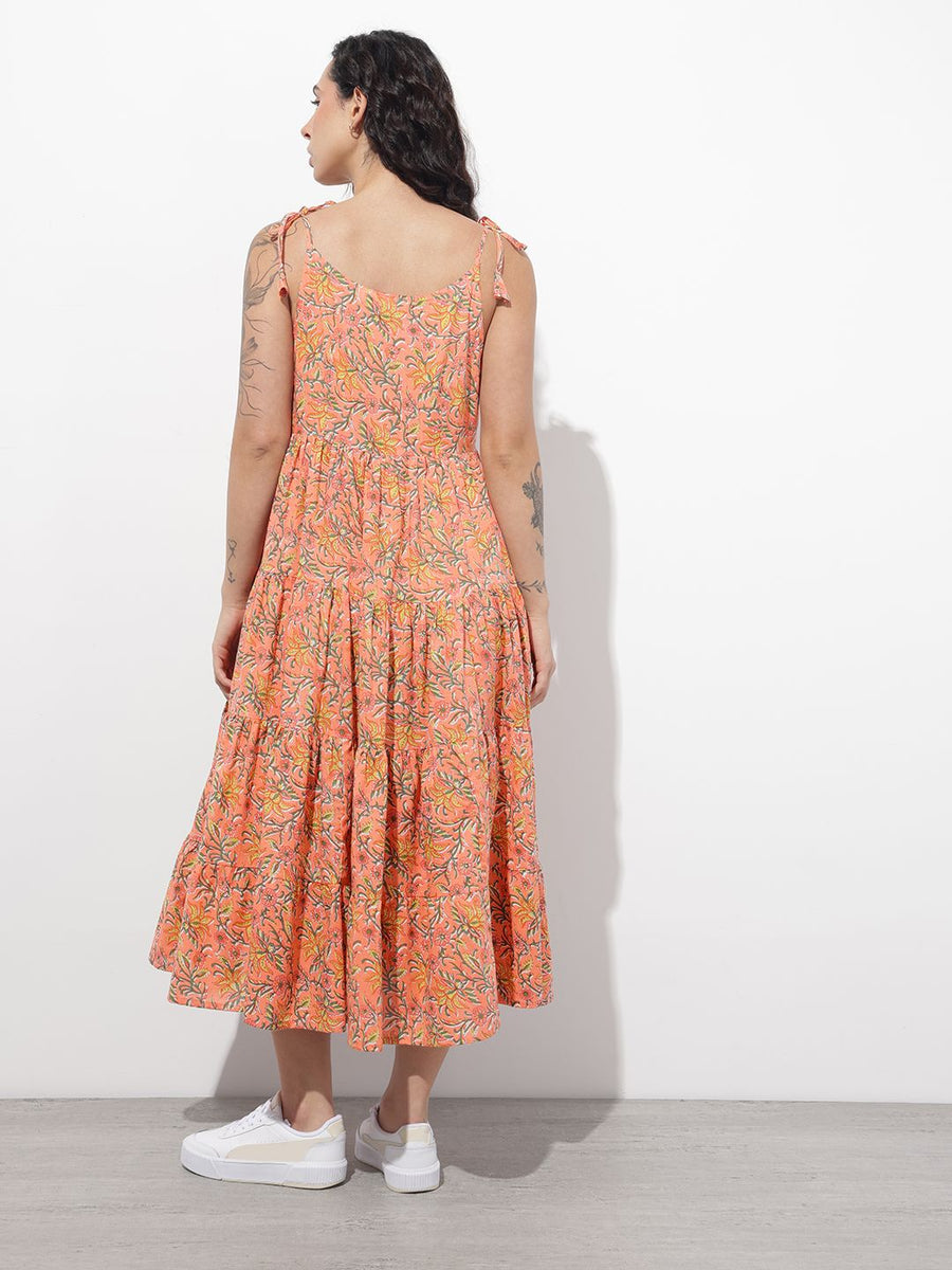 Noe Velarro Orange Shoulder Strapes Fit & Flared Cotton Dress