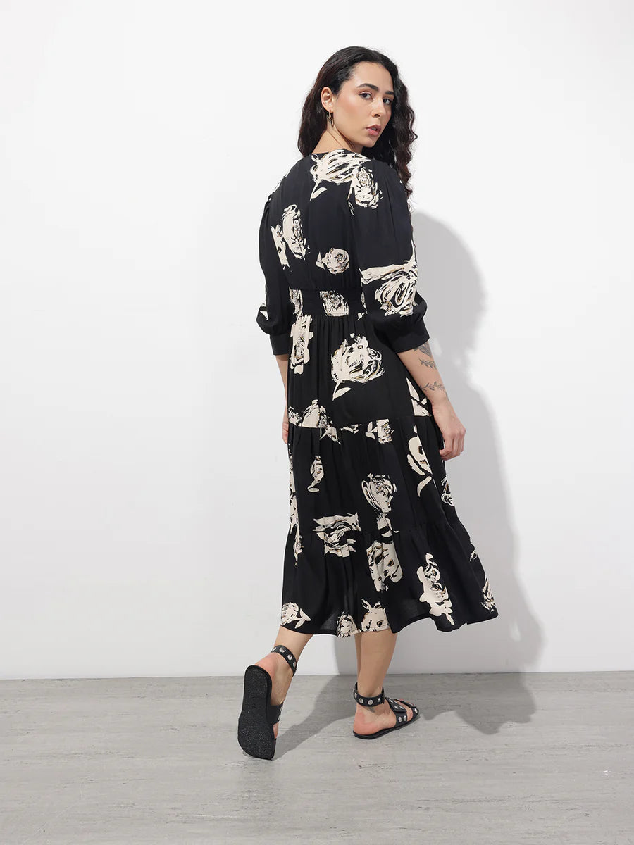 Noe Velarro Black V-Neck Midi Rayon Dress