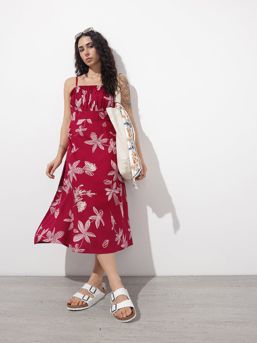 Noe Velarro Maroon Shoulder Strapes Fit & Flared Rayon Dress