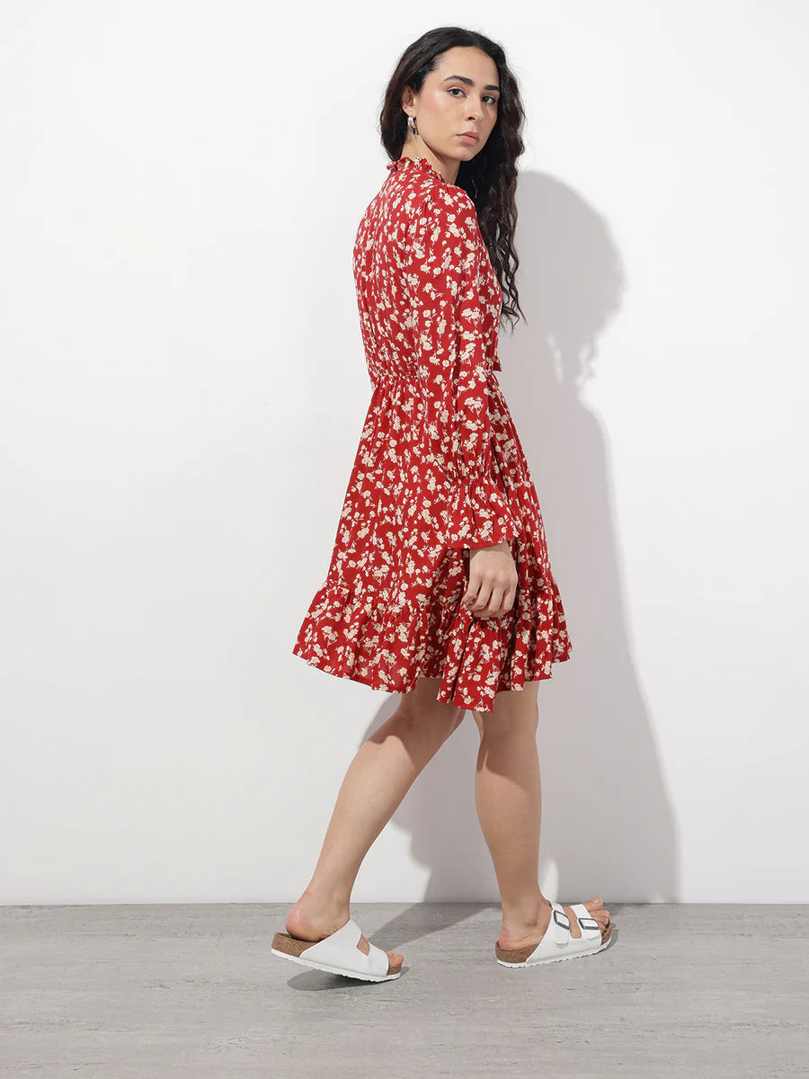 Noe Velarro Maroon Round Neck Floral Print Rayon Midi Dress