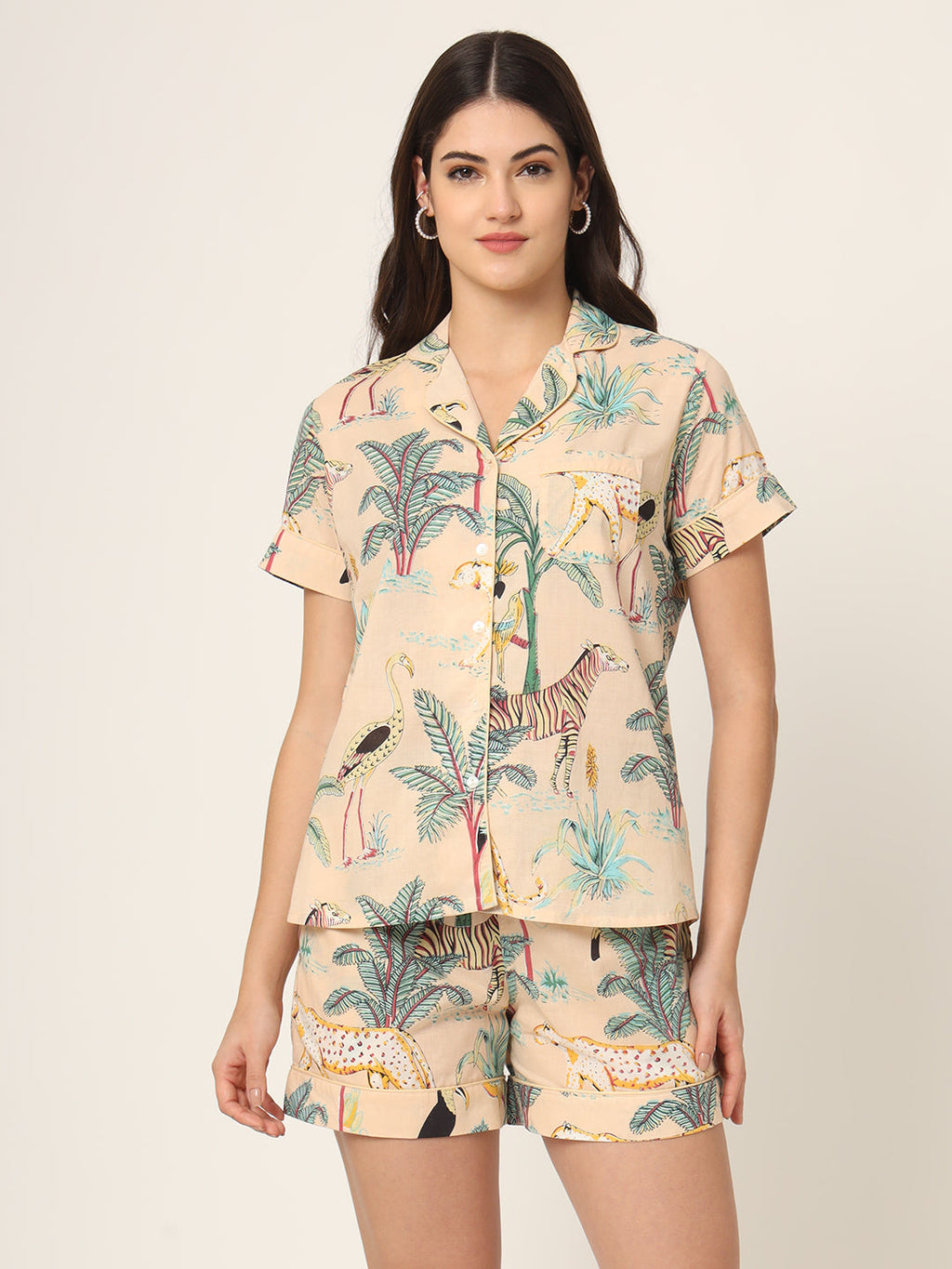 Noe Velarro Cream Floral Print Pure Cotton Regular Night Suit