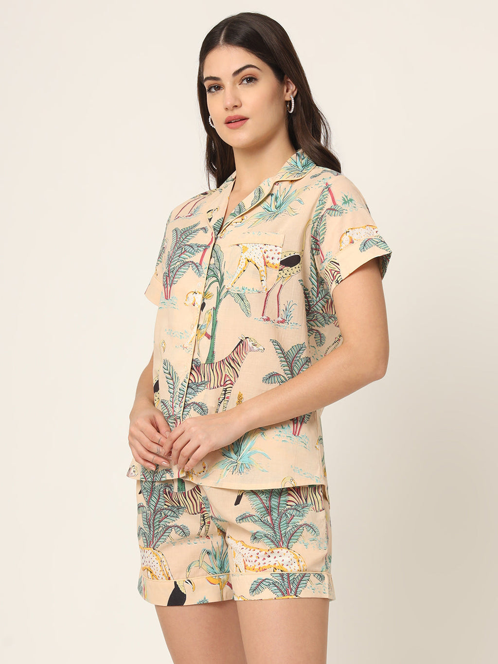 Noe Velarro Cream Floral Print Pure Cotton Regular Night Suit