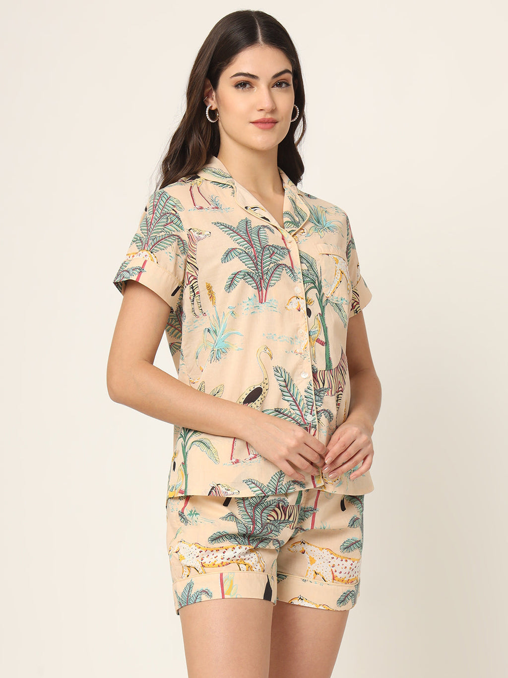 Noe Velarro Cream Floral Print Pure Cotton Regular Night Suit