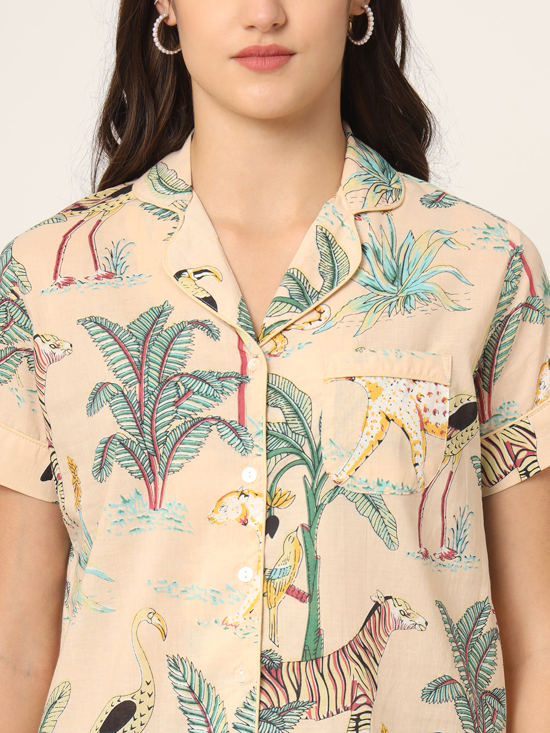 Noe Velarro Cream Floral Print Pure Cotton Regular Night Suit