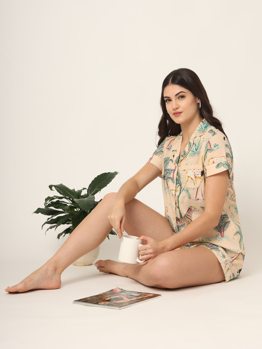 Noe Velarro Cream Floral Print Pure Cotton Regular Night Suit