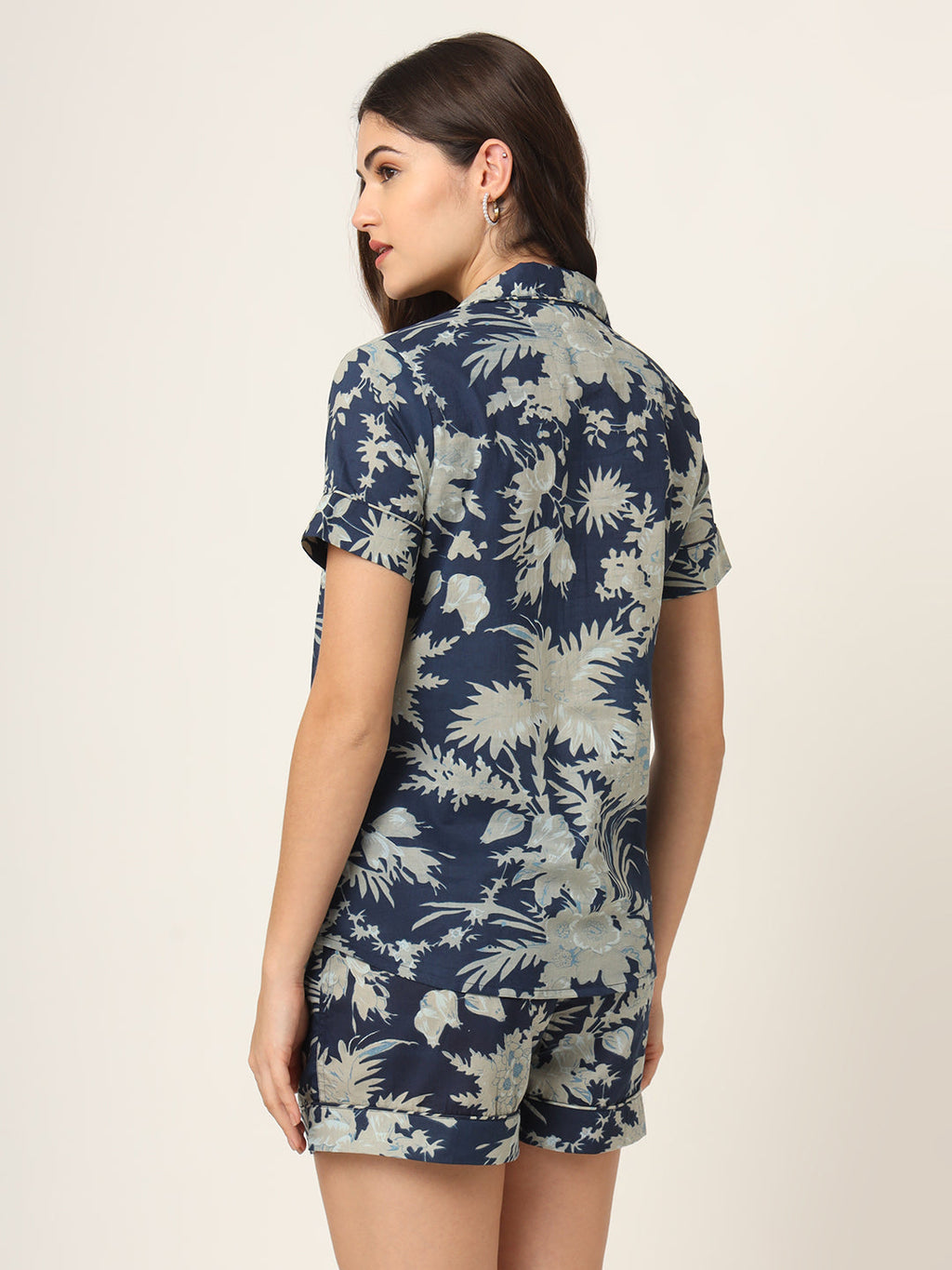 Noe Velarro Navy Blue Printed Pure Cotton Regular Night Suit