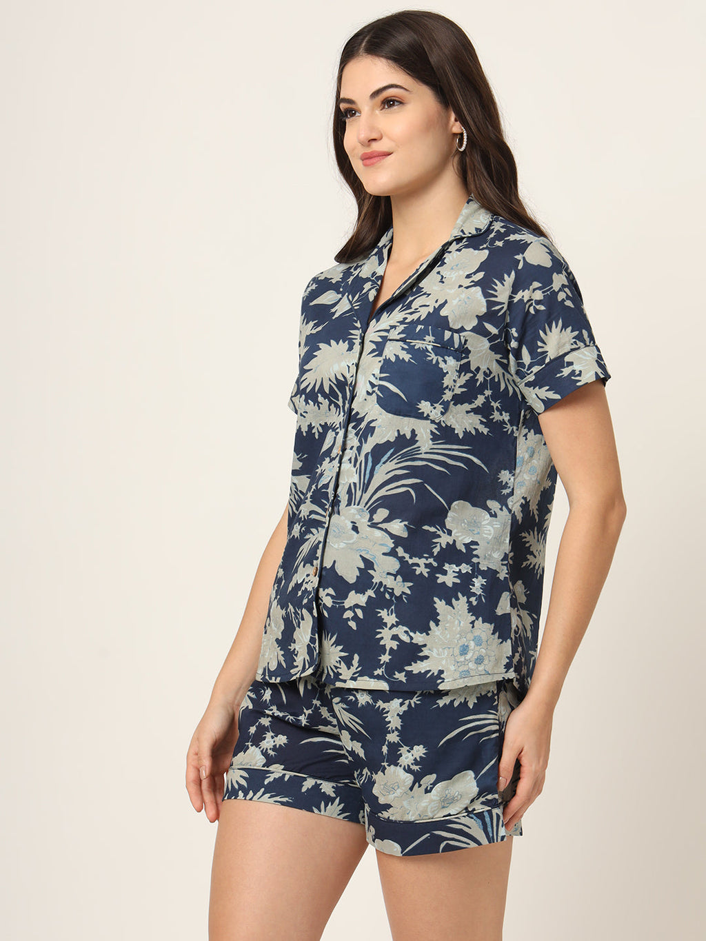 Noe Velarro Navy Blue Printed Pure Cotton Regular Night Suit