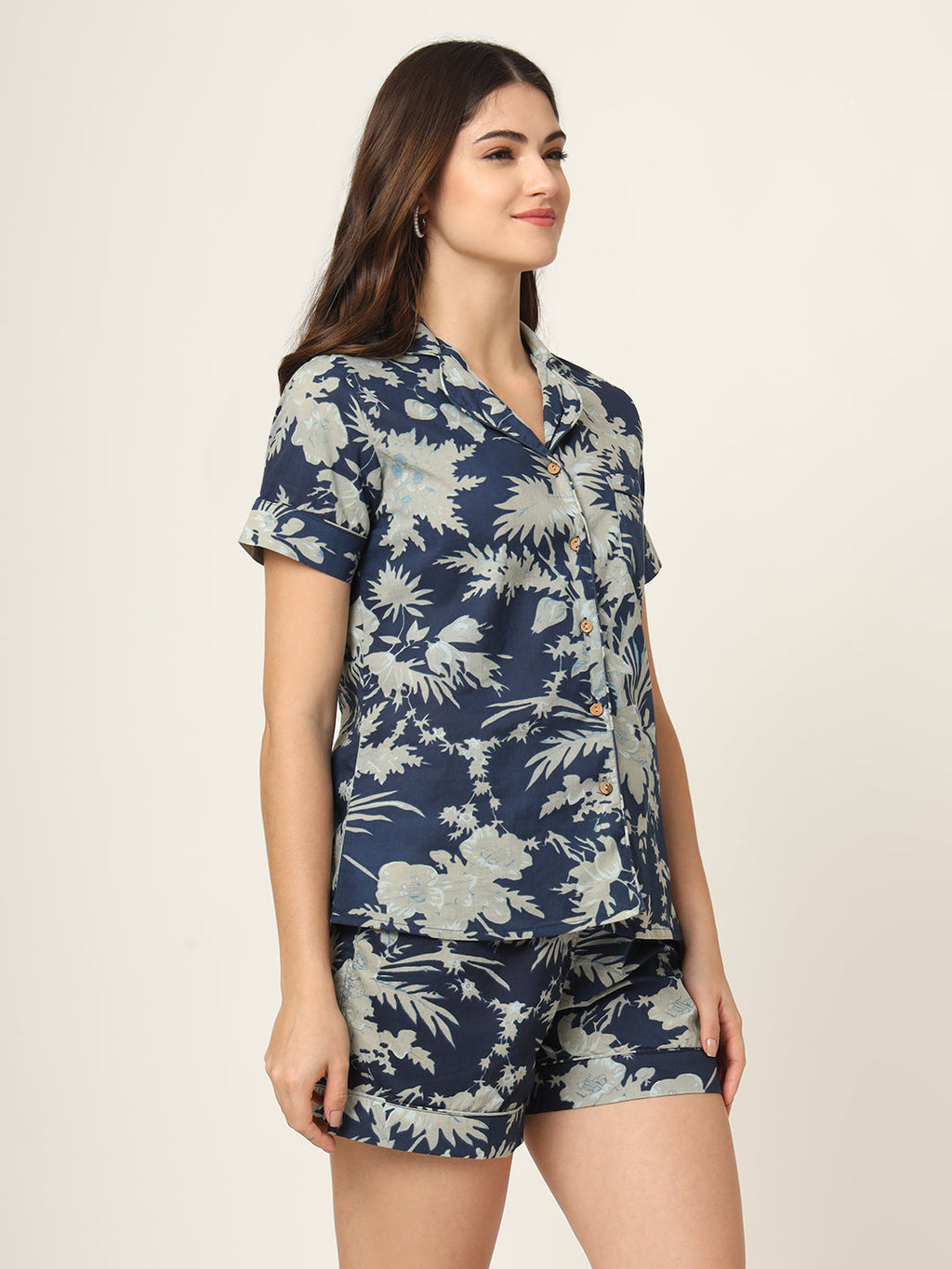 Noe Velarro Navy Blue Printed Pure Cotton Regular Night Suit
