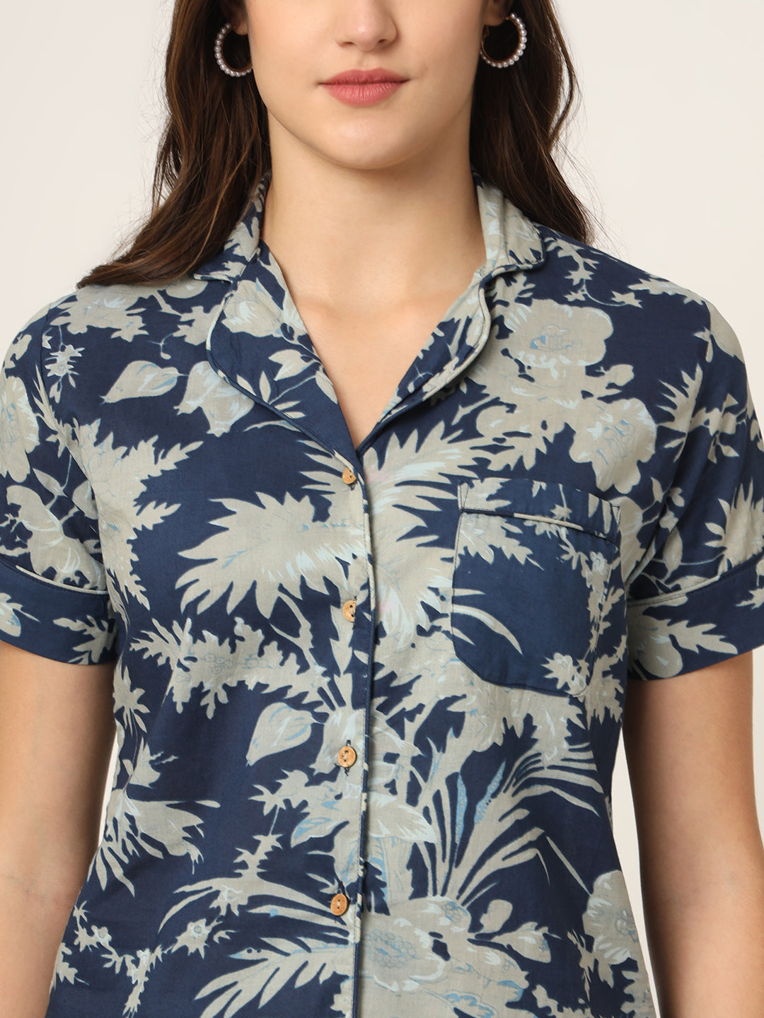 Noe Velarro Navy Blue Printed Pure Cotton Regular Night Suit