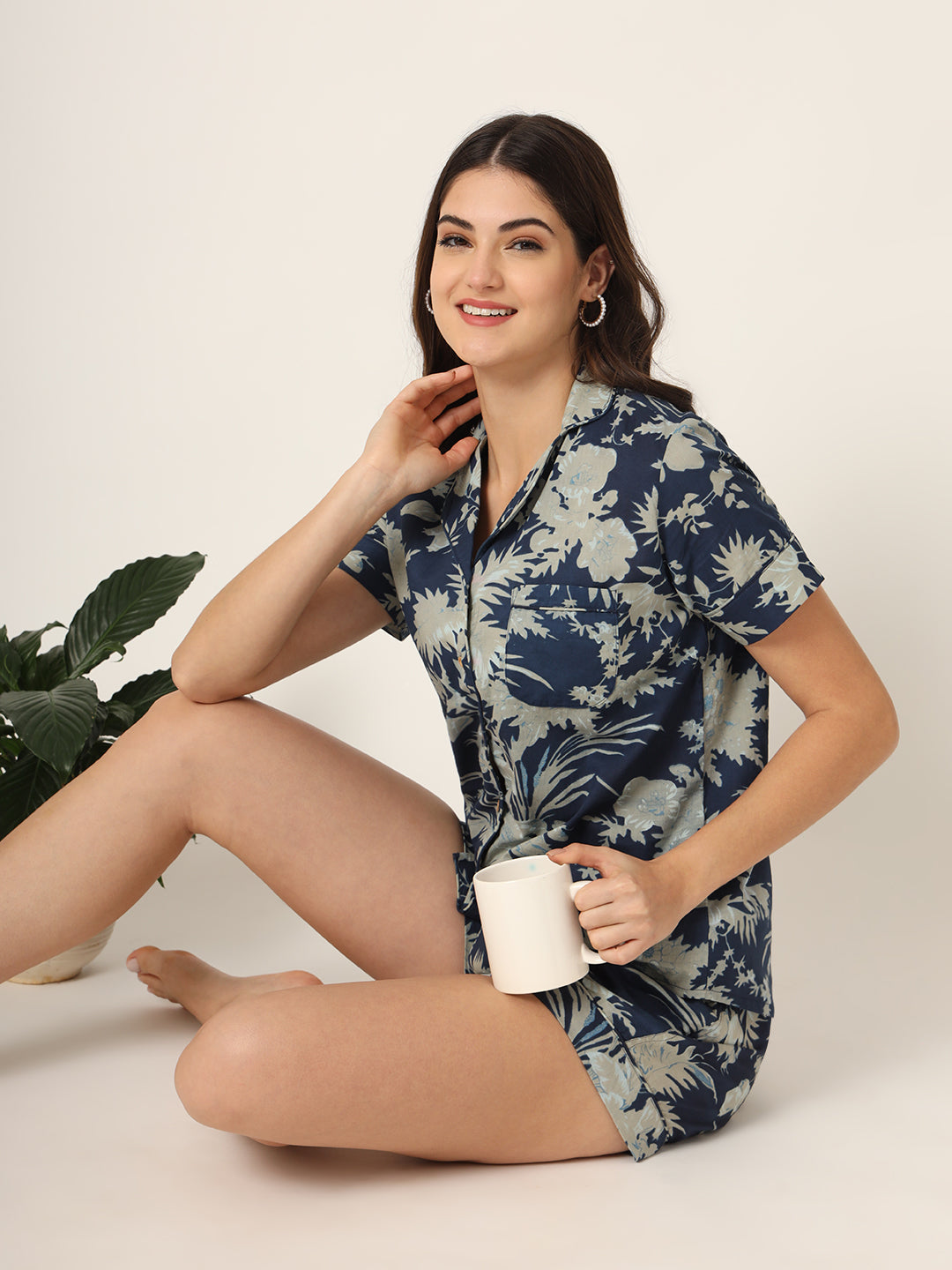 Noe Velarro Navy Blue Printed Pure Cotton Regular Night Suit