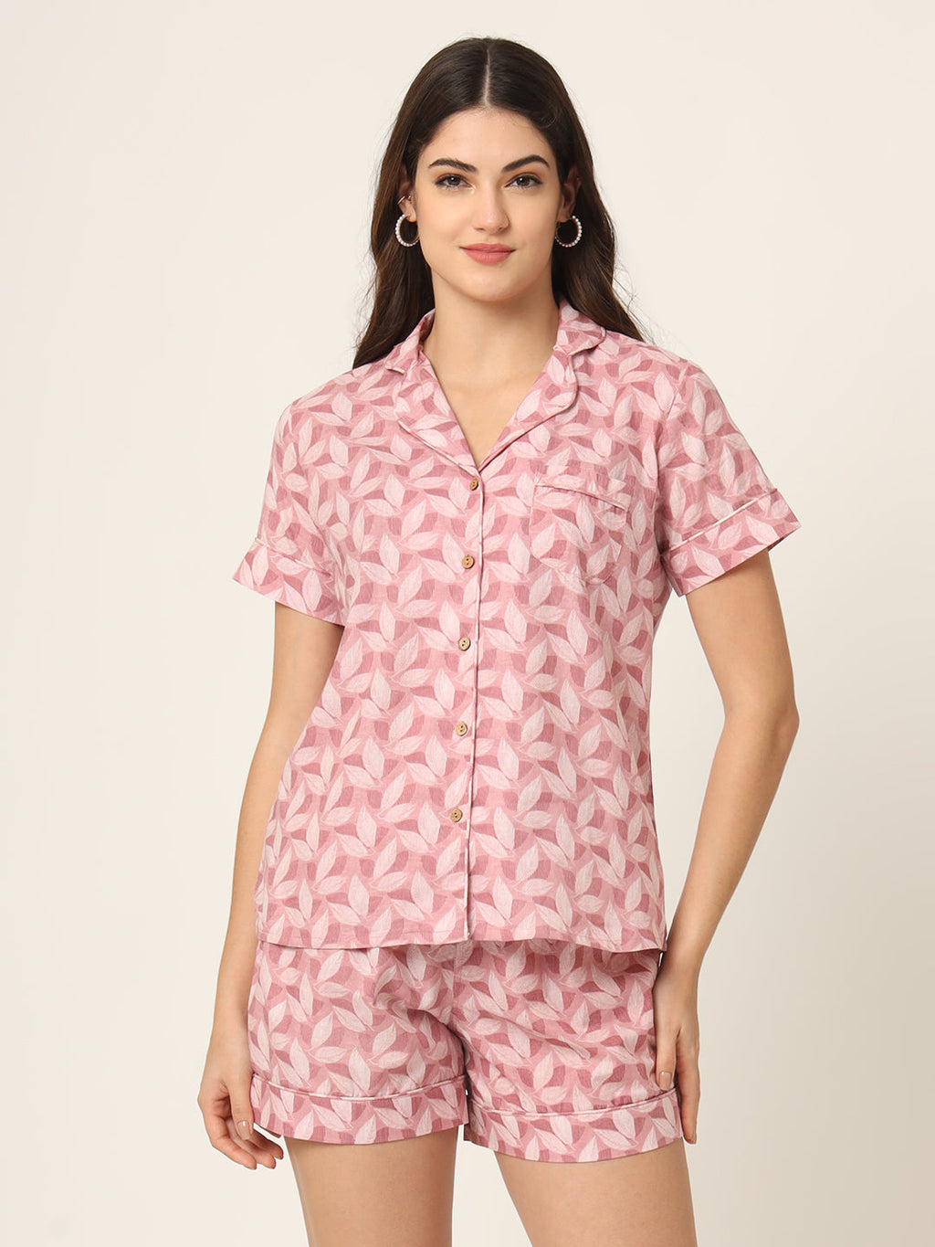 Noe Velarro Pink Printed Pure Cotton Regular Night Suit