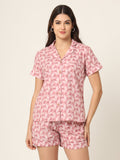 Noe Velarro Pink Printed Pure Cotton Regular Night Suit