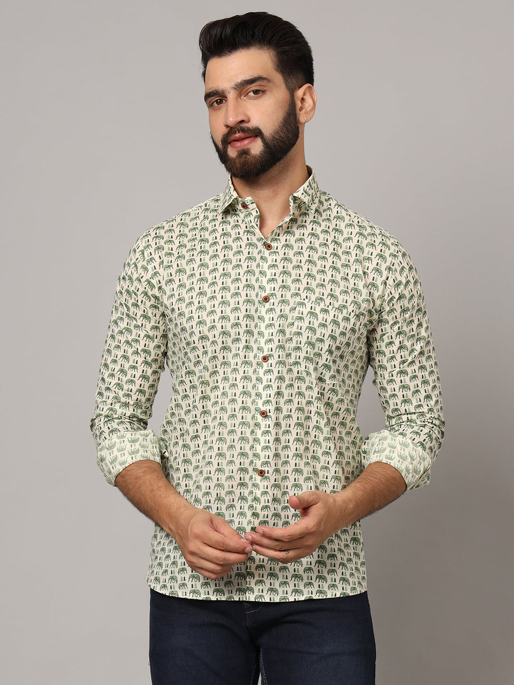 MILLENNIAL MEN Green Ethnic Motif Pure Cotton Regular Fit Casual Full Sleeve