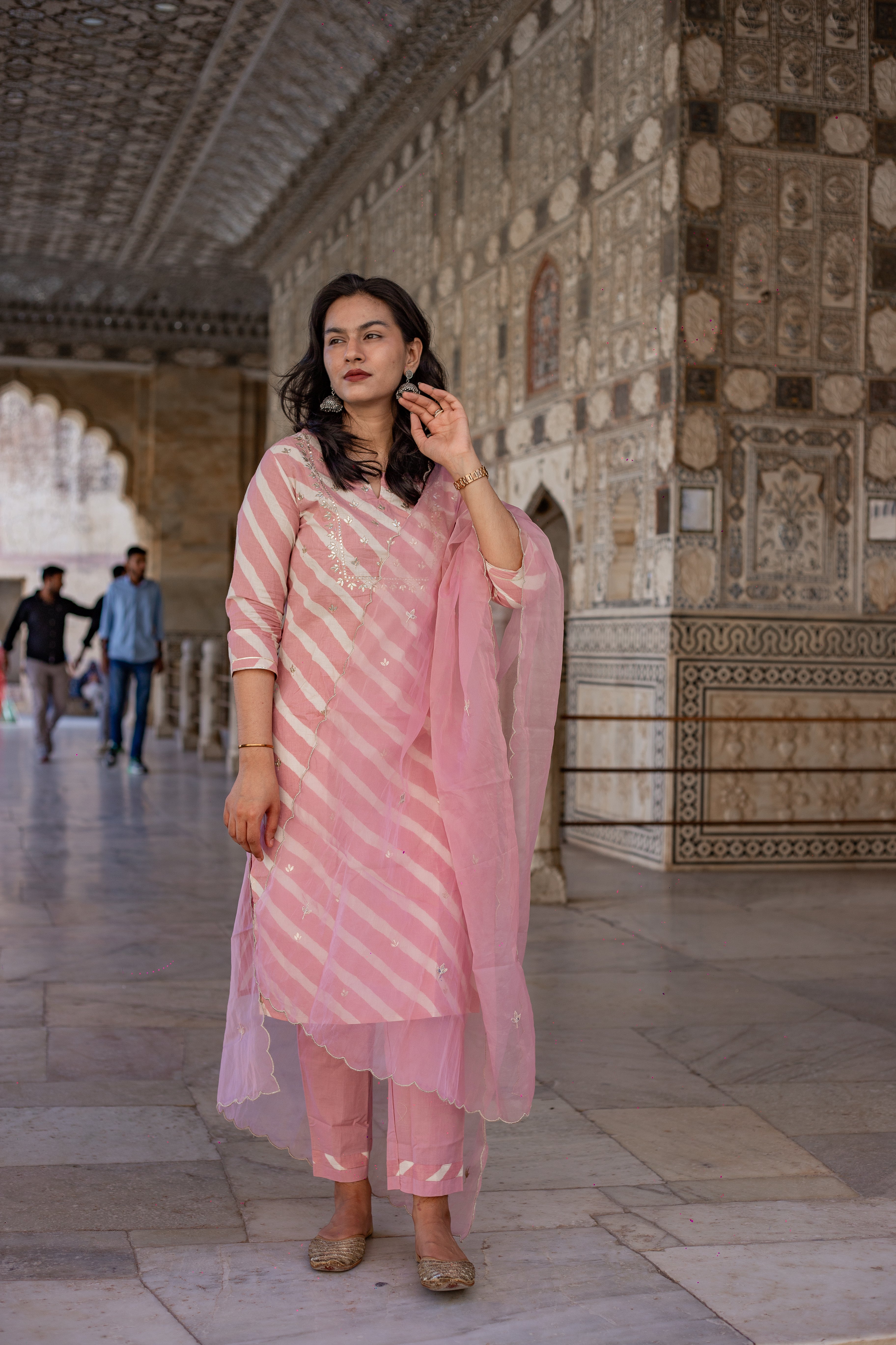Noe Velarro Light Pink Leheriya Cotton Kurta Pant set With Organza Dupatta