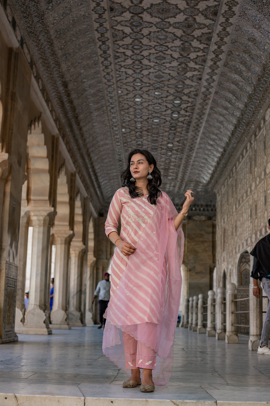 Noe Velarro Light Pink Leheriya Cotton Kurta Pant set With Organza Dupatta