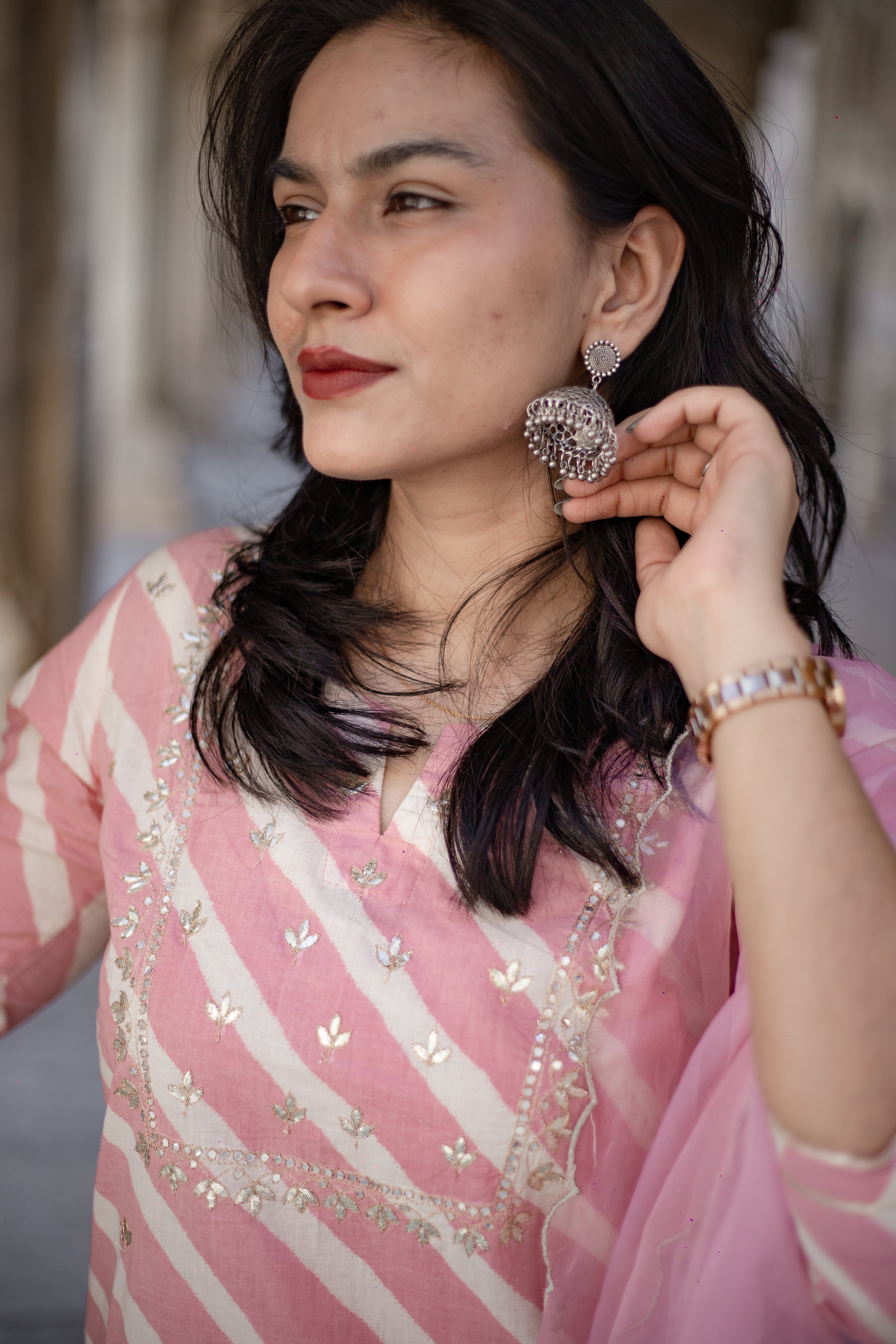 Noe Velarro Light Pink Leheriya Cotton Kurta Pant set With Organza Dupatta